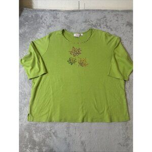 Quacker Factory Women’s 3X Green Rhinestone Leaf Fall Theme Top 3/4 Sleeve